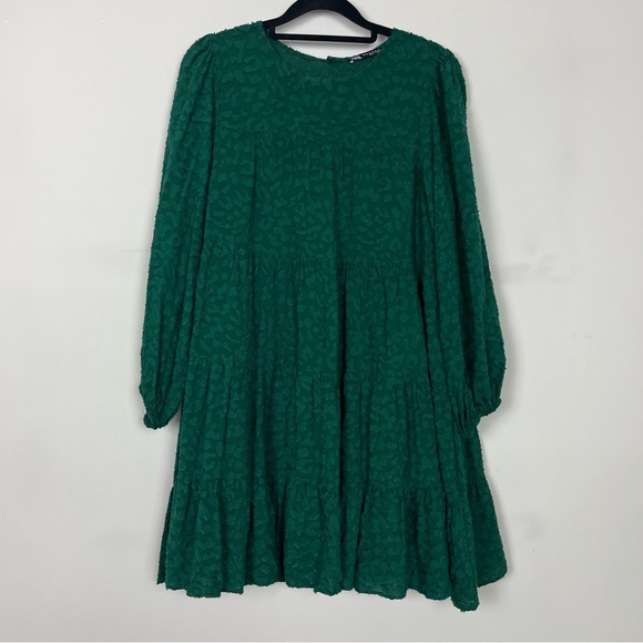 NWOT ZARA TEXTURED TIERED MINI DRESS WITH SLEEVES IN GREEN SIZE XS - Picture 7 of 16